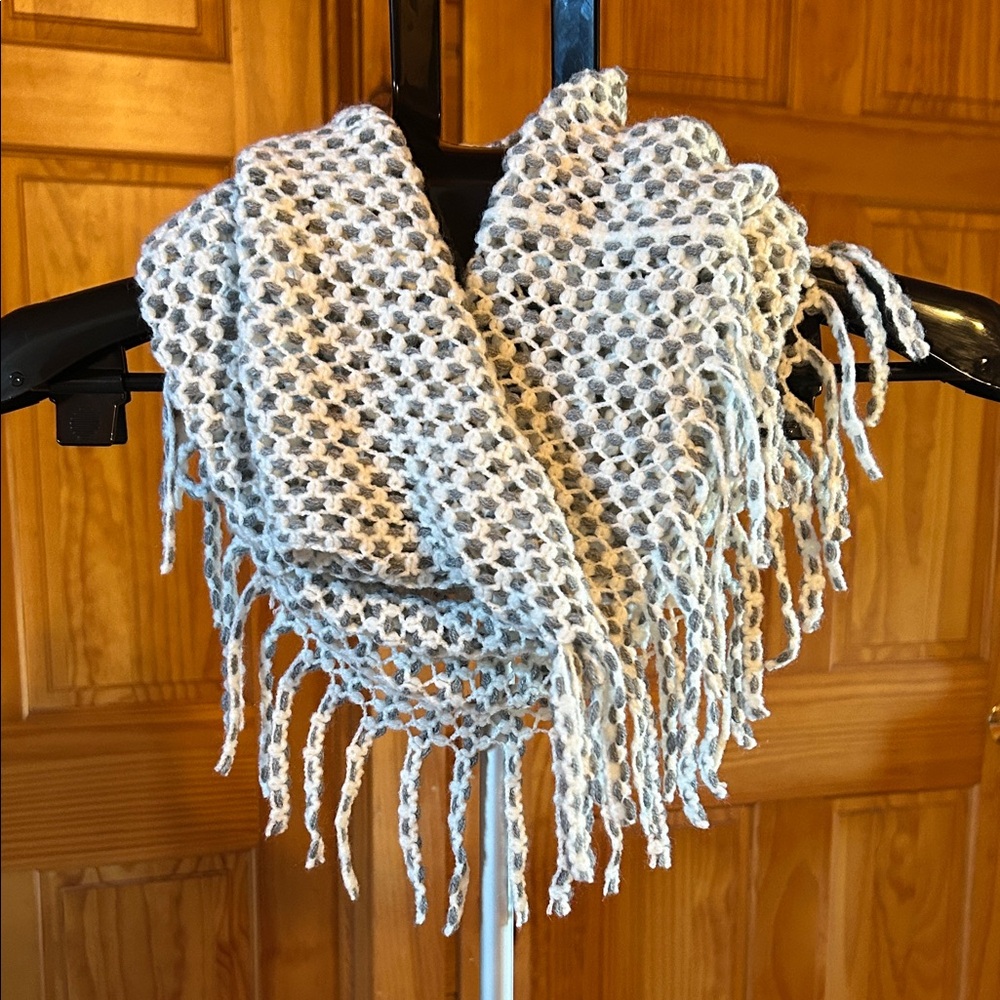 Knit Infinity scarf, White and Gray with Fringe